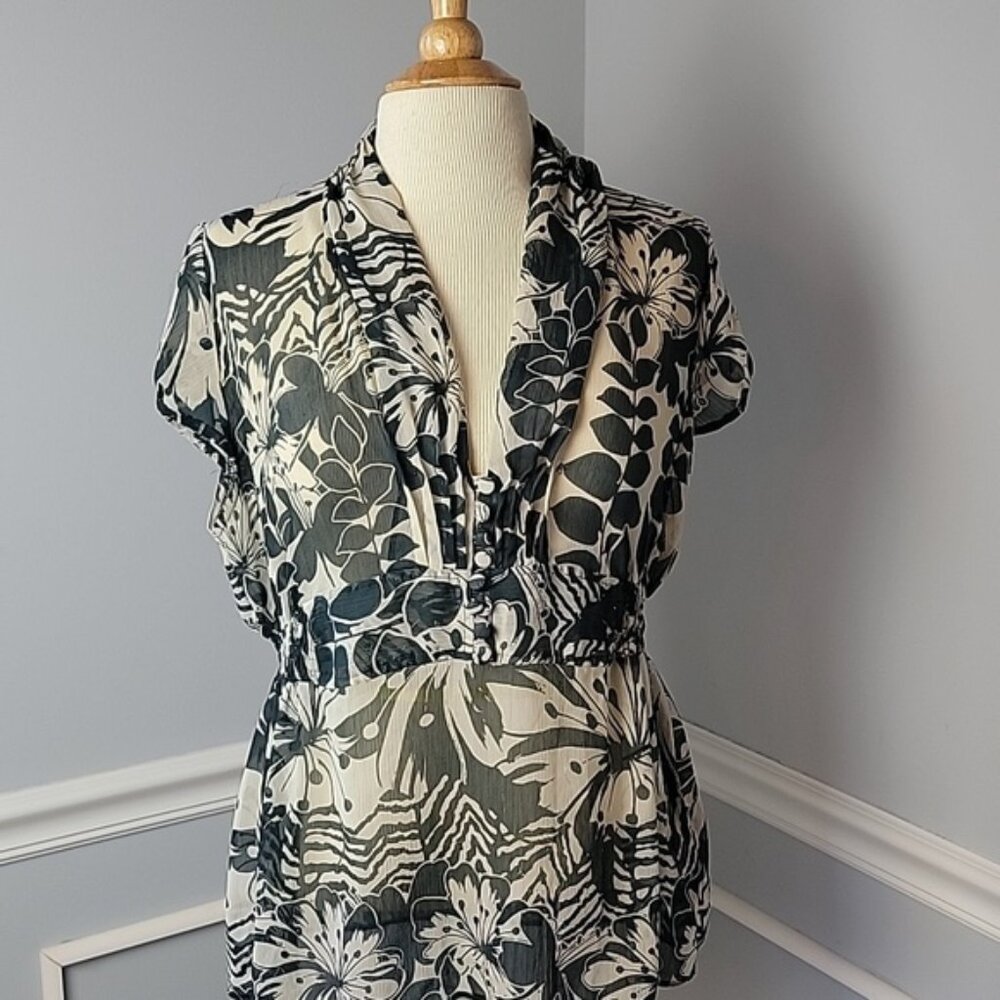 H&M Black‎ Ivory Tropical Floral Plunge Neck Cap Sleeve Peplum Sheer Top 14 READ